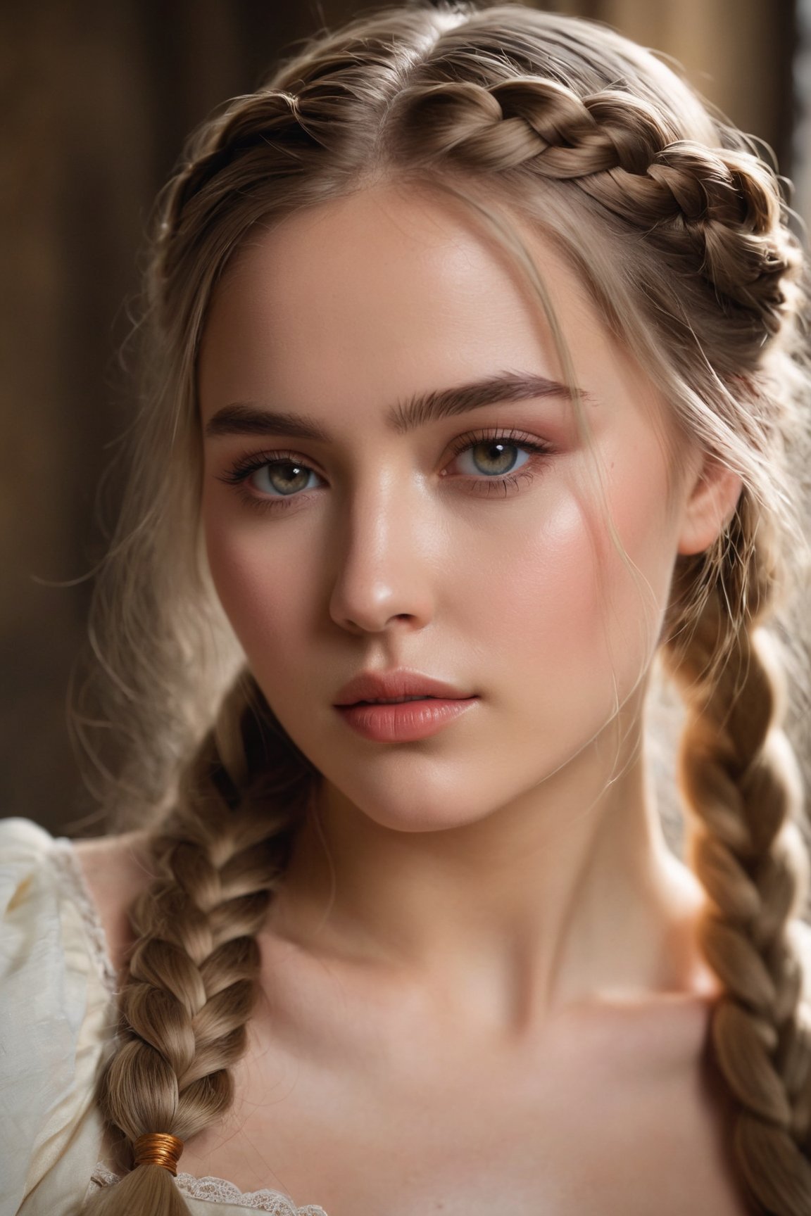 (best quality,8K,highres,masterpiece), featuring a captivating portrait of a beautiful young Nordic woman. Her long hair, intricately braided, catches the subtle glow of ambient light filtering in from the side, highlighting her features with a natural warmth. The glossy fullness of her lips, slightly parted as if caught in a moment of contemplation, adds to her sultry and fertile expression. Her eyes, hazy and dreamy, convey a depth of emotion, enhanced by delicately blushed cheeks and the hint of a lip bite that suggests a blend of innocence and allure. The light makeup emphasizes her natural beauty, complementing her warm, moist, and slightly oily complexion, indicative of health and vitality. This scene is set against a medieval exterior environment, where the historical ambiance adds a timeless quality to the portrait, immersing the viewer in a moment suspended between the past and the ethereal beauty of the subject.