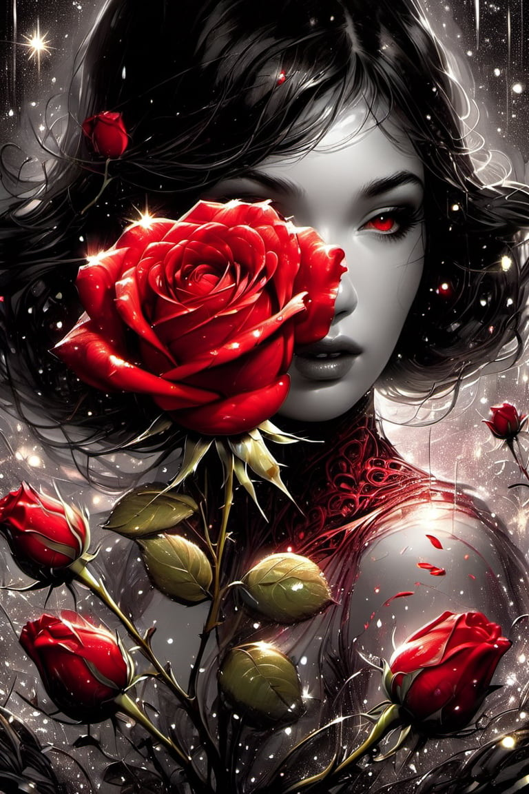 close up of a red rose covered in glitter : extreme detail : intricate motifs : by Bastien Lecouffe Deharme : jeremy mann : andree wallin : deep depth of field : bright dramatic lighting : craig mullins : radial : maximalist : deviantart : Ray Tracing : Yoshikata Amano; Edwin Landseer; Ismail Inceoglu; Russ Mills: Victo Ngai; Bella Kotak; 3d; intricate filigree : perfect composition : sparkling particles, Decora_SWstyle, ink , SelectiveColorStyle,<lora:EMS-261918-EMS:0.100000>,<lora:EMS-294390-EMS:1.000000>