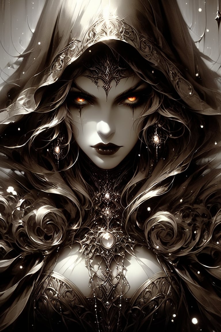 close up of a vampire woman : extreme detail : intricate motifs : by Bastien Lecouffe Deharme : jeremy mann : andree wallin : deep depth of field : bright dramatic lighting : craig mullins : radial : maximalist : deviantart : Ray Tracing : Yoshikata Amano; Edwin Landseer; Ismail Inceoglu; Russ Mills: Victo Ngai; Bella Kotak; 3d; intricate filigree : perfect composition : sparkling particles,  SelectiveColorStyle,<lora:EMS-294390-EMS:0.900000>,<lora:EMS-85482-EMS:0.600000>