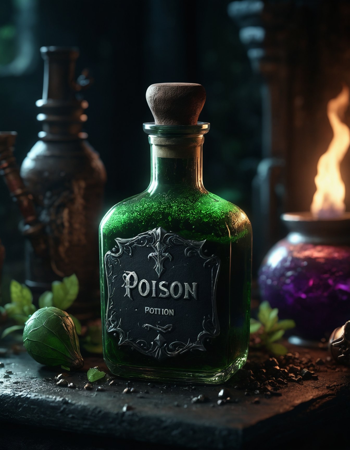 extremely detailed potion with poison, detailed environment, dark shot, rtx
