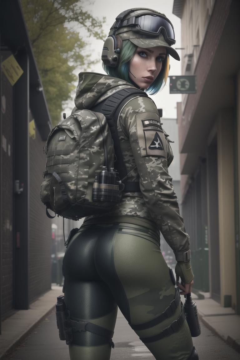<lora:ela_(rainbow_six_siege):0.8>, ela_(rainbow_six_siege), masterpiece, best quality, 1girl, camouflage, solo, green hair, backpack, boots, hat, goggles, goggles on headwear, ass, pants, looking at viewer, jacket, hood, bag, short hair, headset, blue eyes, camouflage jacket, gloves, holster, hood down, looking back, thigh holster, radio antenna, military, headphones, leggings, closed mouth, camouflage pants, huge ass, outdoors, 