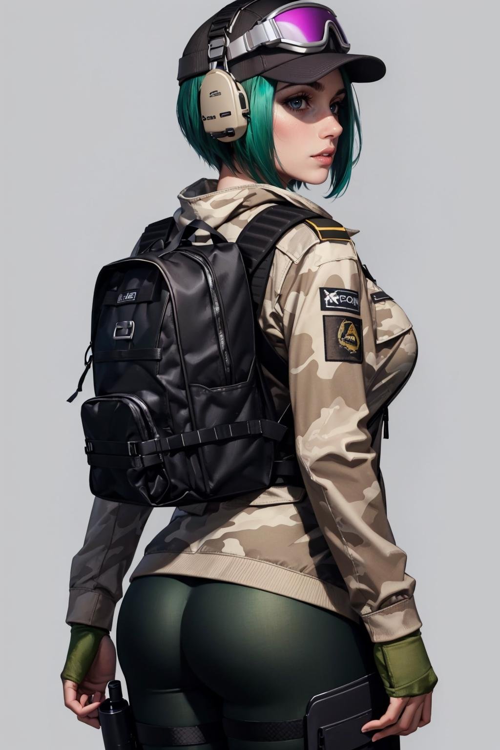 masterpiece, best quality, 1girl, solo, breasts, <lora:elar6-guy-v2:1>, elar6, lips, goggles, hat, green hair, fingerless gloves, headset, jacket, camouflage jacket, backpack, holster, pants, from behind, ass, 