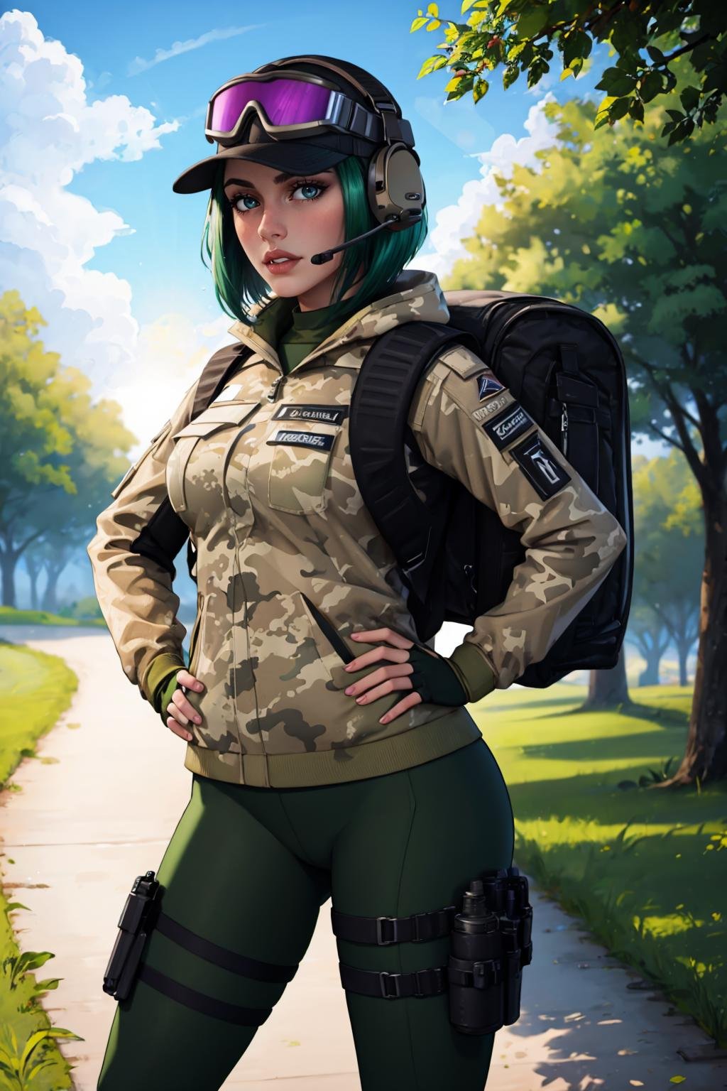 masterpiece, best quality, outdoors, depth of field, lens flare, 1girl, solo, breasts, looking at viewer, <lora:elar6-guy-v2:1>, elar6, lips, goggles, hat, green hair, fingerless gloves, headset,  jacket, camouflage jacket, backpack, holster, pants, hands on hips, 