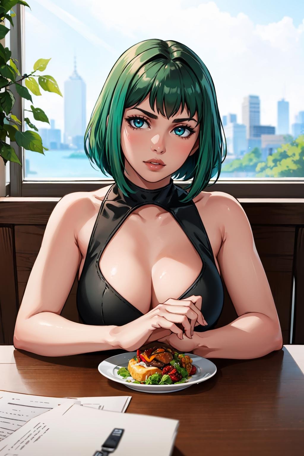 masterpiece, best quality, 1girl, solo, breasts, looking at viewer, <lora:elar6-guy-v2:.95>, elar6, lips, green hair, dress, restaurant, pov across table, 