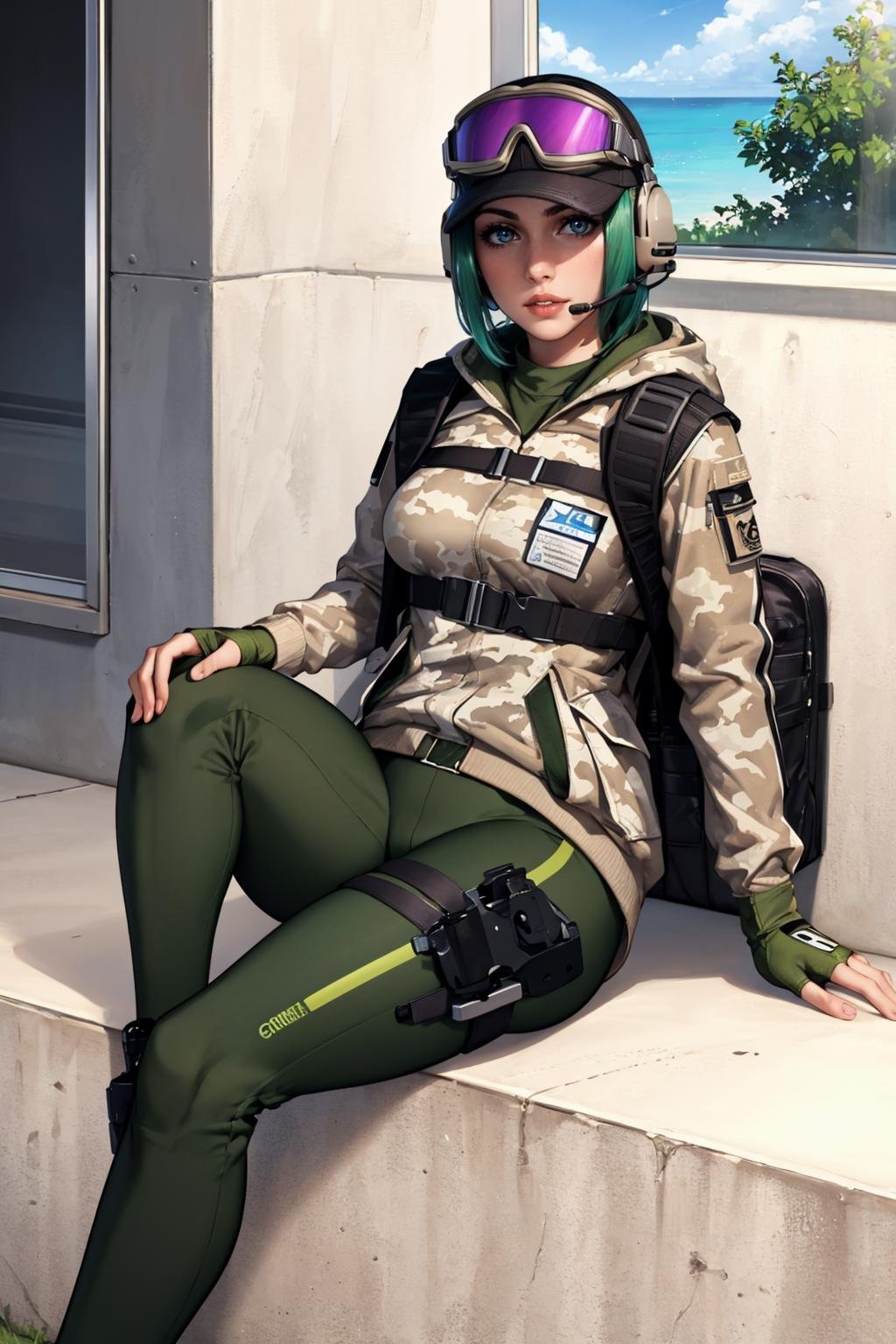 masterpiece, best quality, 1girl, solo, breasts, looking at viewer, <lora:elar6-guy-v2:1>, elar6, lips, goggles, hat, green hair, fingerless gloves, headset,  jacket, camouflage jacket, backpack, holster, pants, portrait, indoors, on ground, sitting, 