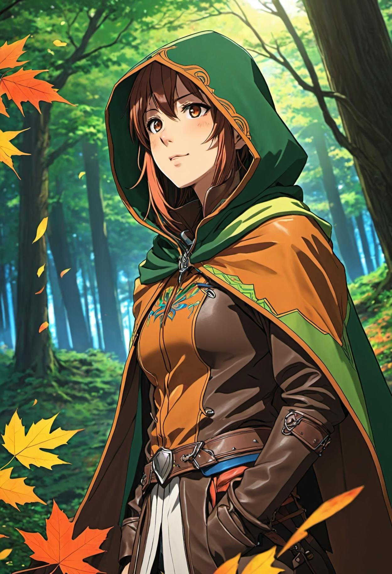 art by Hideaki Anno, anime artwork, flat color, line art, art by Rumiko Takakashi, art by Makoto Shinkai, art by Kohei Horikoshi, ultra detailed, hypnotically beautiful wood elf in a verdant forest, beauty mark, ((wearing skimpy soft leather armor and an intricately embroidered hooded rainbow cloak, autumnal)), mesmerizing eyes, emotive longing expression, sun set, soft edge lighting, highly detailed, ((close up portrait)), high contrast, anime style, key visual, vibrant, studio anime, highly detailed,