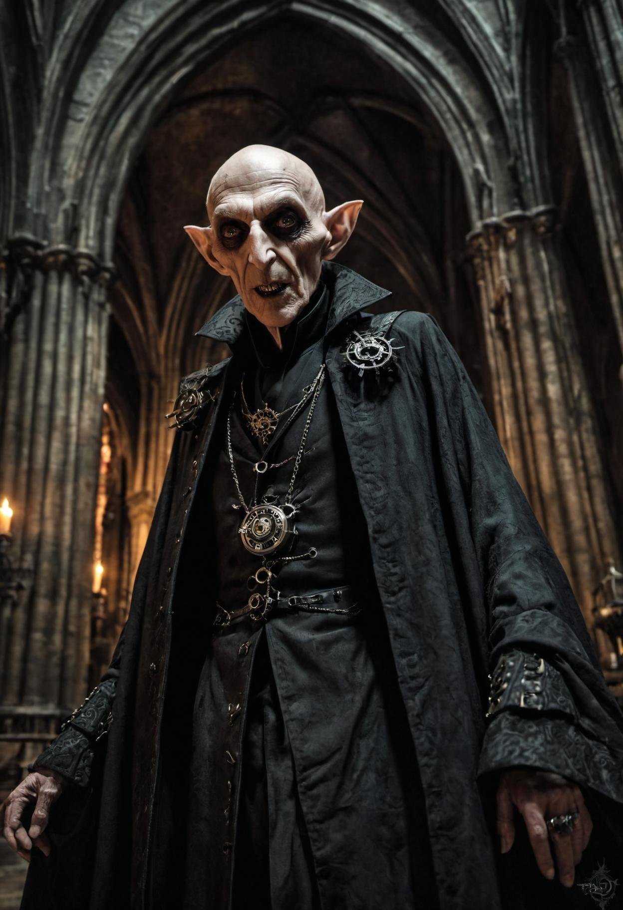 Steampunk style, cogs, clockwork machinery, night time, low angle, terrifying fierce male Nosferatu vampire lord, (gaunt face, emaciated, haunting big eyes, elderly, bald, wrinkled skin:1.3),( long fangs:1.3), tattered robes, pasty skin, dark gothic cathedral interior, detailed background