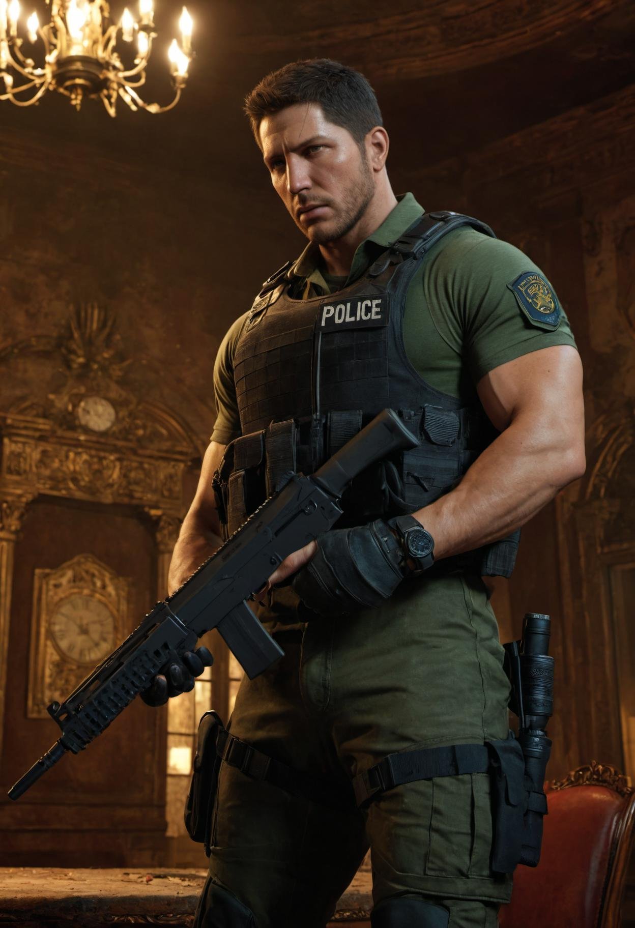 official cgi concept art, untiy 8k wallpaper, beautiful and aesthetic, beautiful, close up octane render, skin texture, 3d art, blender, sfm, vfx, ((dark, deep shadows, night time, body portrait)), Chris Redfield standing in a huge dilapidated deserted opulent dining room with a  grandfather clock and long dining table in the background, holding a a combat knife, wearing (combat armor, bullet proof vest:1.2) over a police uniform, night time, dusty, spooky, grim, shaft of moon light, stained wall paper