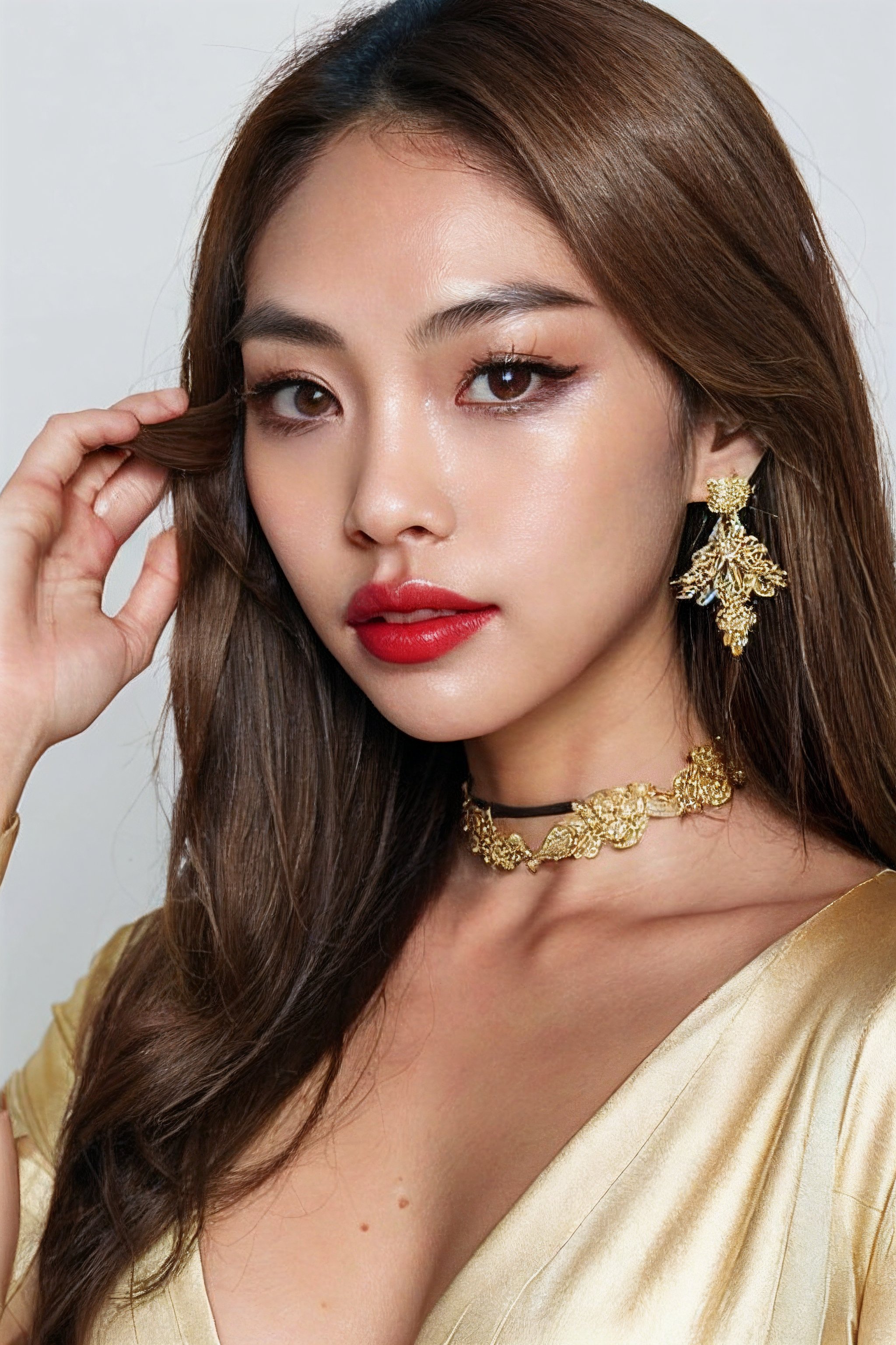 igirl, beautiful Korean woman, close up, portrait, brown choker, looking slightly away from camera,  dimly lit, wearing a brown and gold gown, gold earrings,  best quality, amazing quality, very aesthetic, (petite), ((small breasts)), insanely detailed eyes, insanely detailed face, insanely detaled lips, insanely detailed hands, insanely detailed hair,  insanely detailed skin, long light brown hair, brown eyes, red lipstick