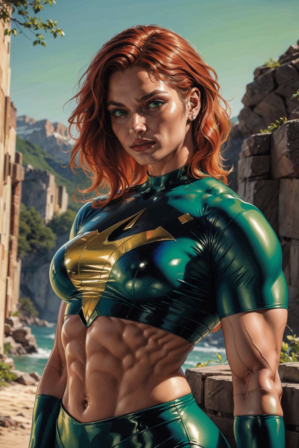 1girl, solo, Knockout Kay, oil painting, impasto, looking at viewer, a young woman, 25 years old, long wavy orange hair, green eyes, beautiful face, muscular body, aesthetic, lesbian, strong arms, ripped abs. wears a  range of greens outfit,  psychedelic  background, masterpiece, nijistyle, niji, ,sciamano240, soft shading, soft shading,ARTSTYLE_AlexRoss_ComicArt_ownwaifu, knockout kay 