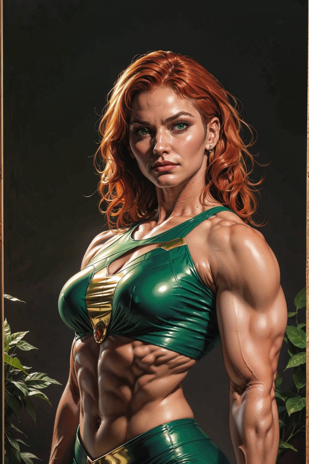 1girl, solo, Knockout Kay, oil painting, impasto, looking at viewer, a young woman, 25 years old, long wavy orange hair, green eyes, muscular body, aesthetic, lesbian, strong arms, ripped abs. wears a  range of greens outfit,  psychedelic  background, masterpiece, nijistyle, niji, ,sciamano240, soft shading, soft shading,ARTSTYLE_AlexRoss_ComicArt_ownwaifu, knockout kay 
