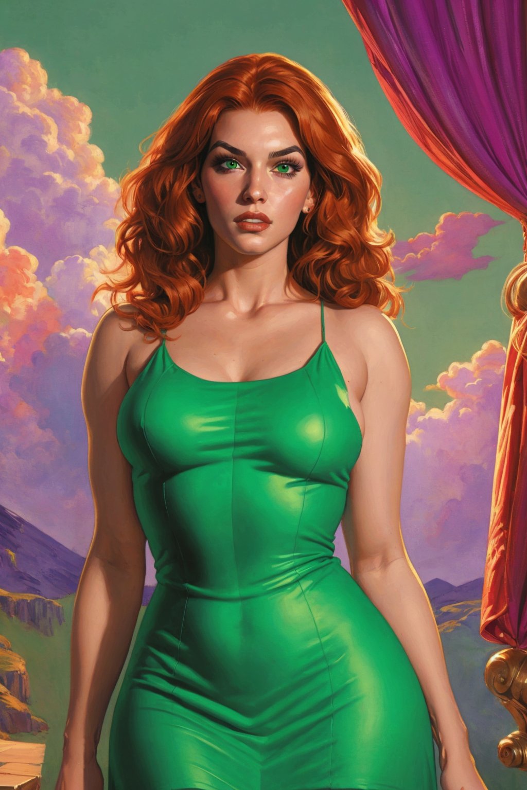 1girl, solo, Liana Kerzner, oil painting, impasto, looking at viewer, a young beautiful woman, 25 years old, pretty face, beautiful face, flirtatious attitude, rogue,  long wavy orange hair, green eyes, athletic body, voluptuous figure, aesthetic, lesbian. wears a violet dress, big breasts, wide hips,  psychedelic  background, masterpiece, nijistyle, niji, ,sciamano240, soft shading, soft shading,ARTSTYLE_AlexRoss_ComicArt_ownwaifu, Liana Kerzner