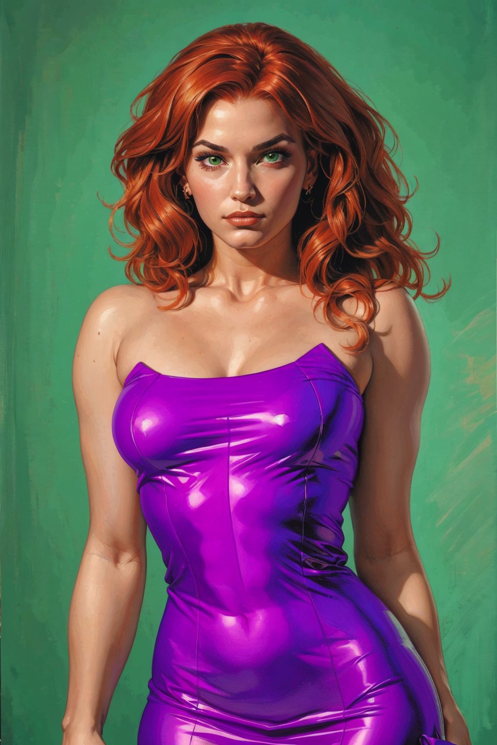1girl, solo, Liana Kerzner, oil painting, impasto, looking at viewer, a young beautiful woman, 25 years old, pretty face, beautiful face, flirtatious attitude, rogue,  long wavy orange hair, green eyes, athletic body, voluptuous figure, aesthetic, lesbian. wears a violet dress,  psychedelic  background, masterpiece, nijistyle, niji, ,sciamano240, soft shading, soft shading,ARTSTYLE_AlexRoss_ComicArt_ownwaifu, Liana Kerzner