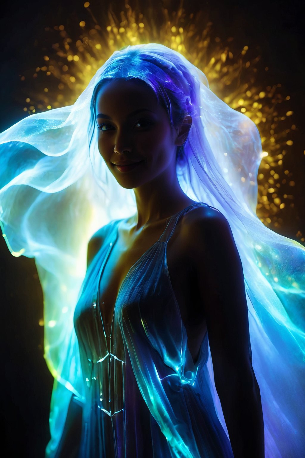 Strong Backlit Particles, Long exposure portrait, translucent skin:2, body:2, backlight silhouette, will-o-wisp illumination, Gaia inspired, enigmatic smile, dynamic pose, HDR, ultra high resolution, masterpiece quality, engaging direct gaze, clean warm aesthetics, vibrant ultraviolet backdrop, 