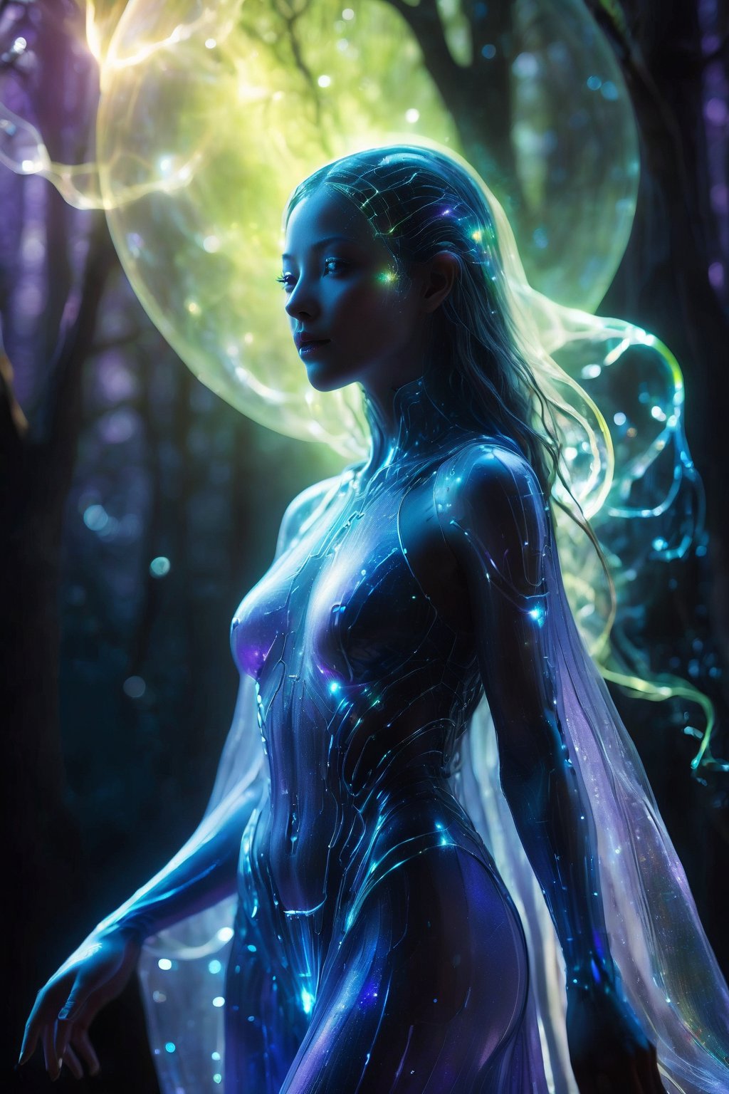 Strong Backlit Particles, Highly detailed Gaia figure, translucent effect:2, mid-shot, playful manipulation, detailed natural backdrop, strong lines, rule of thirds, backlit beauty, ultraviolet light particles, direct eye contact, serene environment, high quality, ethereal presence.
