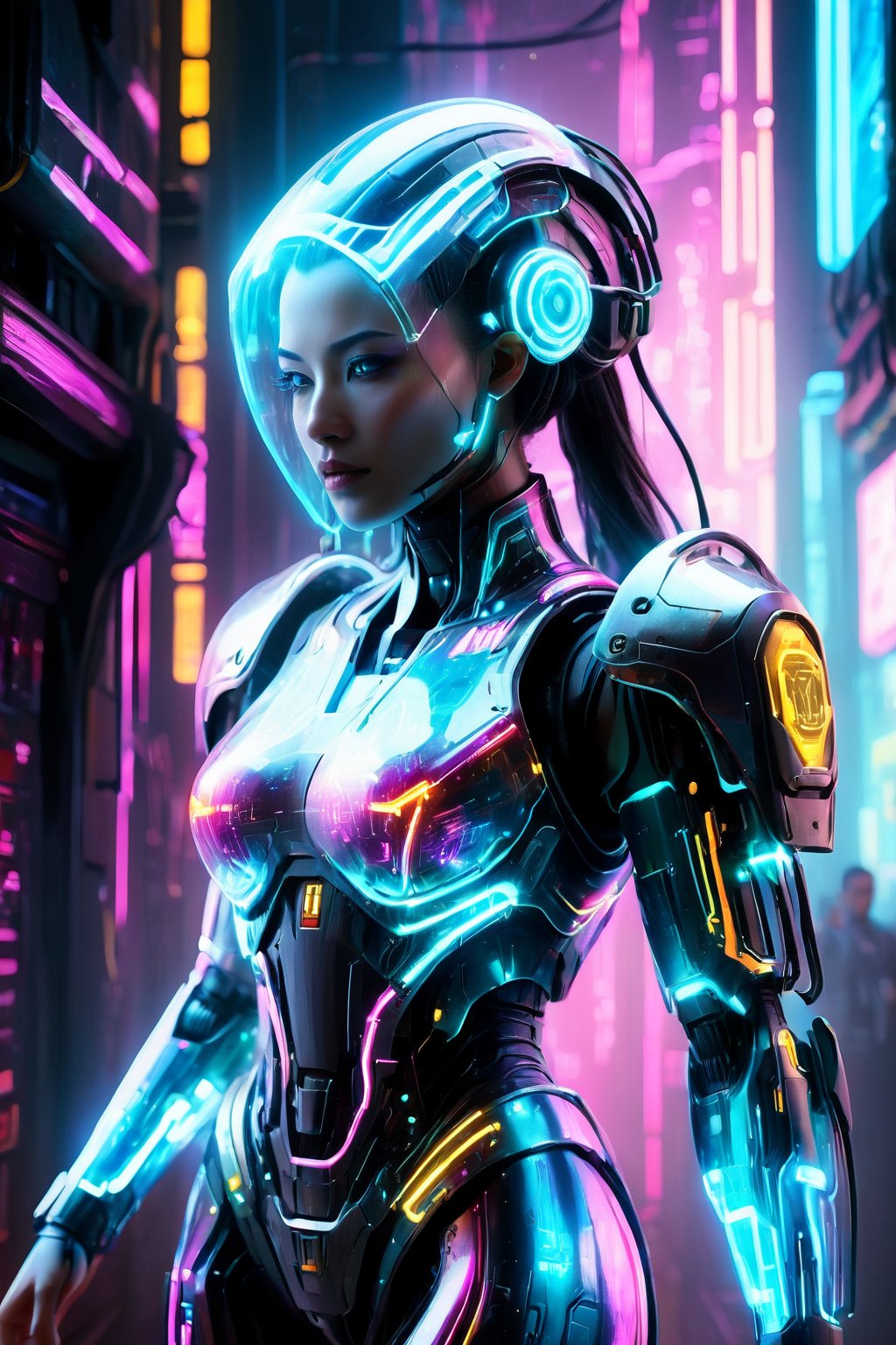 Ultra detailed illustration of a cyberpunk female mech warrior, phantasmagorical and translucent armor:1.5, translucent cybernetic enhancements:1.5, inspired by Mschiffer, vibrant neon lights, sparkling light particles, colorful scene with CMYK colors, strong backlighting, by FuturEvoLab, (masterpiece: 2), best quality, ultra highres, original, extremely detailed, perfect lighting, Strong Backlit Particles, 