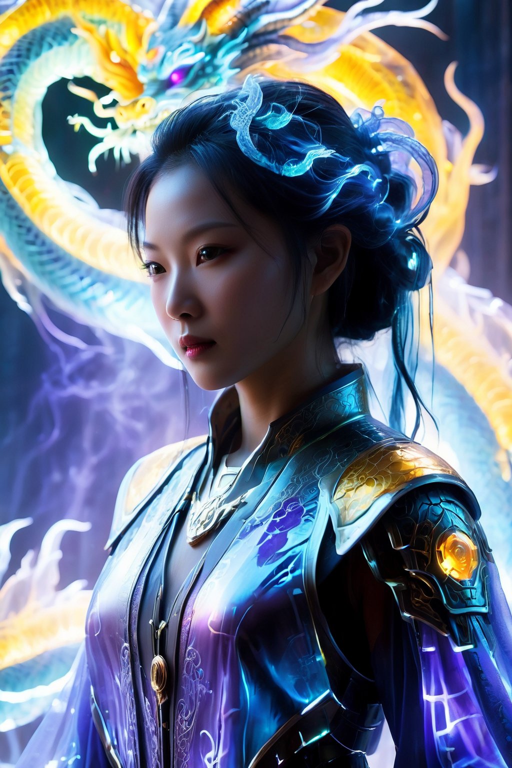 Close-up with translucent skin:2, illuminated by backlit will-o-wisps, mysterious demeanor, nature's essence, ultraviolet silhouette, strategic composition, high resolution, masterpiece detailing, engaging with camera, pristine aesthetics, Strong Backlit Particles, Chinese Dragon, Mecha, 