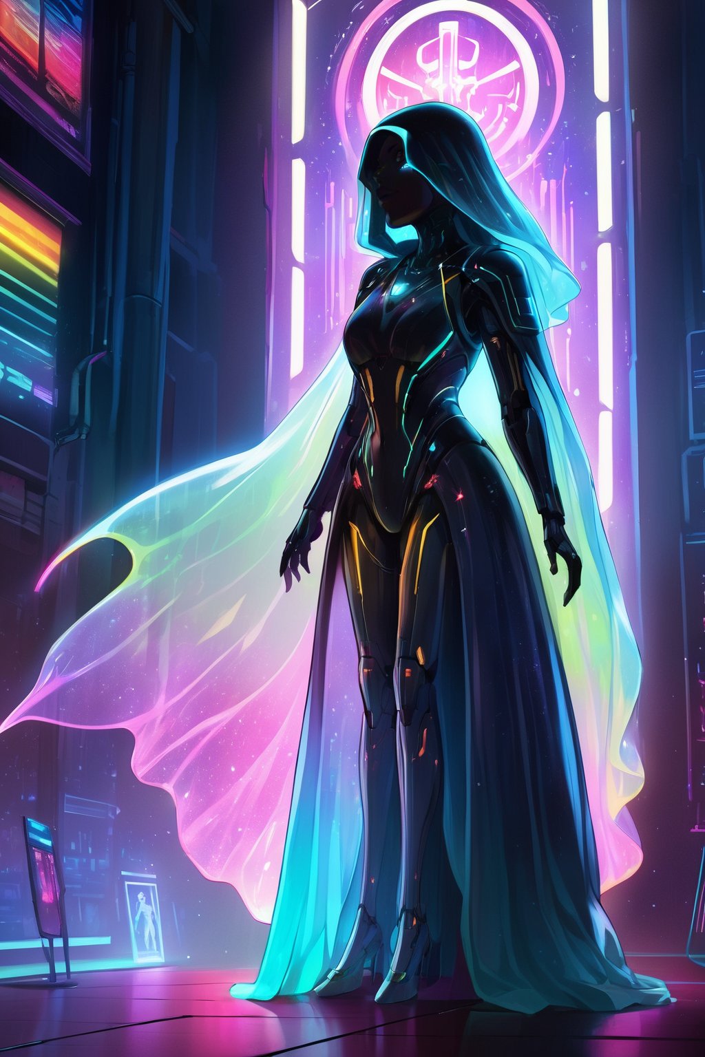 Ultra detailed illustration of a ghostly robed woman silhouette, phantasmagorical and translucent figure:1.5, translucent creature:1.5, art inspired by Mschiffer, vibrant neon lights, sparkling light particles, colorful scene with CMYK colors, strong backlighting, by FuturEvoLab, (masterpiece: 2), best quality, ultra highres, original, extremely detailed, perfect lighting, Strong Backlit Particles, Mecha,