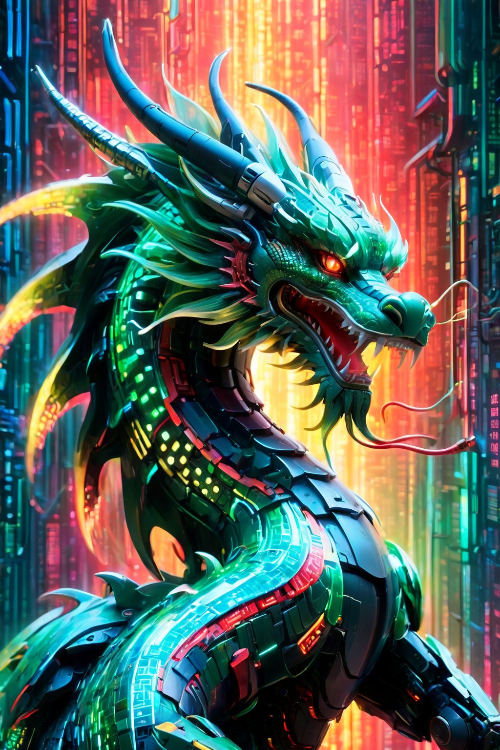 high quality, 8K Ultra HD, by FuturEvoLab, Imagine a vibrant canvas illuminated by a cascade of colorful binary code, forming the silhouette of a captivating Mecha Chinese dragon, The dynamic lines and patterns, reminiscent of a digital dance, weave together to create a harmonious fusion of technology and art, The binary code, in hues ranging from electric blues to radiant reds and vivid greens, breathes life into the Mecha Chinese dragon form, Her silhouette emerges as a synthesis of the digital and the organic, a testament to the seamless integration of technology and beauty in your masterful creation, high detailed, Colorful Binary Code Energy, 