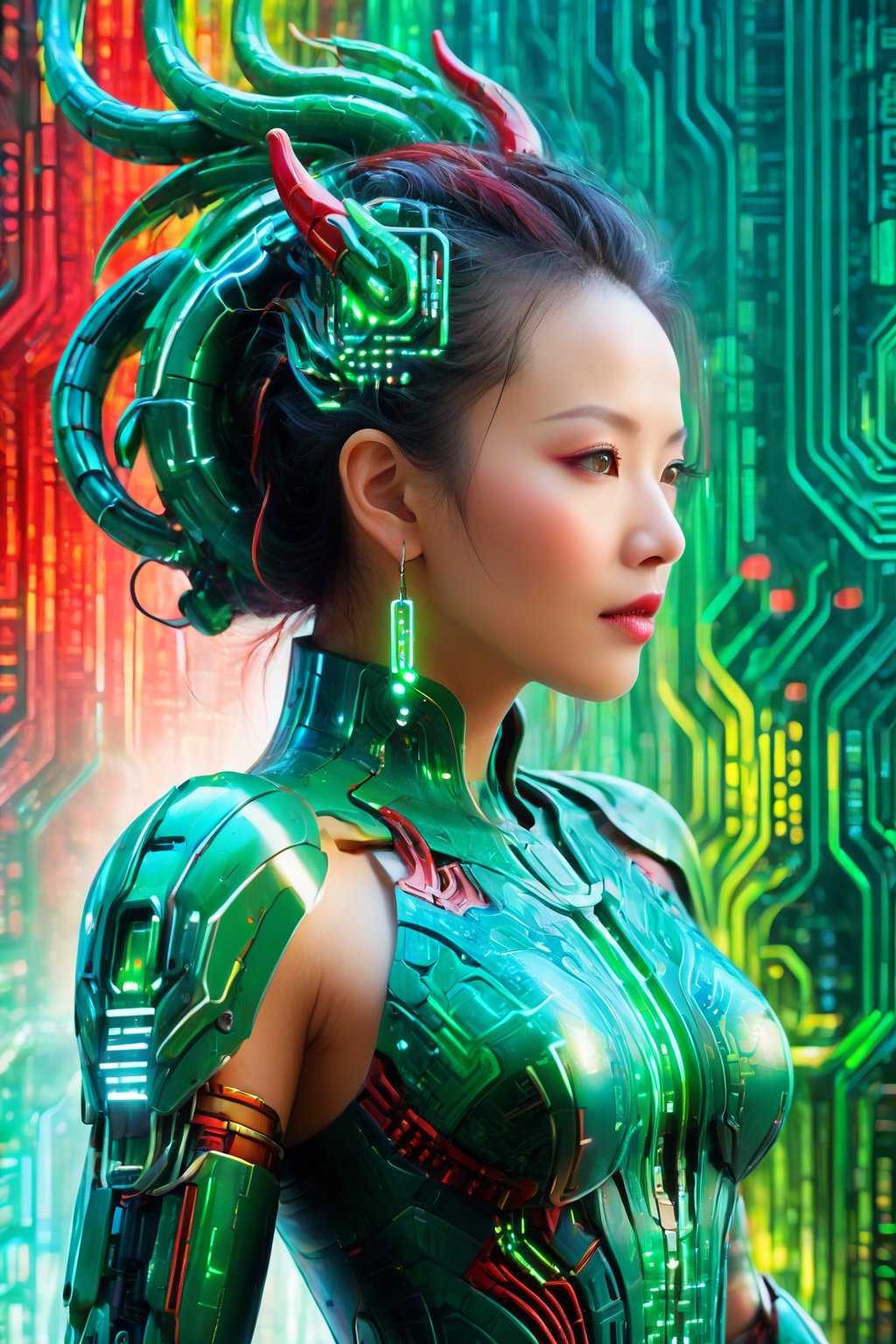 Masterpiece Creation, Colorful Binary Cascade, Woman's Form Brought To Life, Electric Blues, Vivid Greens, Radiant Reds, Seamless Integration Of Tech And Beauty, FuturEvoLab High Definition Art, Dynamic Patterns And Lines, Organic And Digital Harmony, Colorful Binary Code Energy, Mecha, Chinese Dragon, 