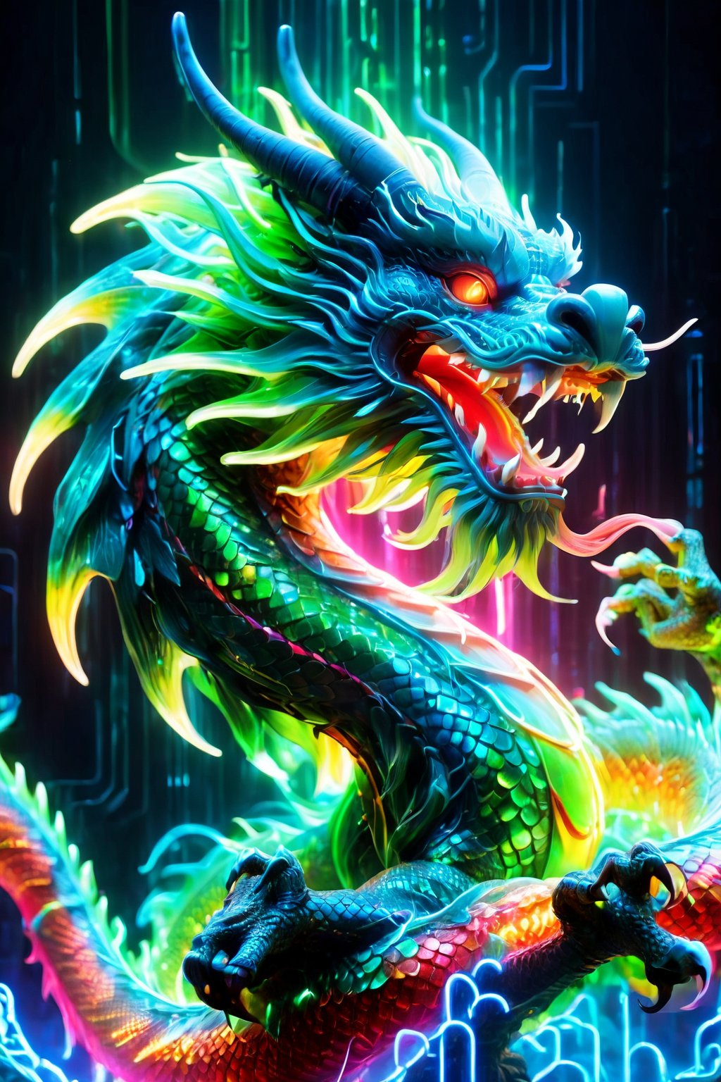 Spectral Chinese dragon, translucent body glowing, neon light aura, ethereal presence, vibrant neon colors, masterpiece quality, high detail, by FuturEvoLab, mystical atmosphere, dynamic pose, shimmering scales, (masterpiece: 2), ultra high resolution, Strong Backlit Particles, ,Chinese Dragon,Colorful Binary Code Energy