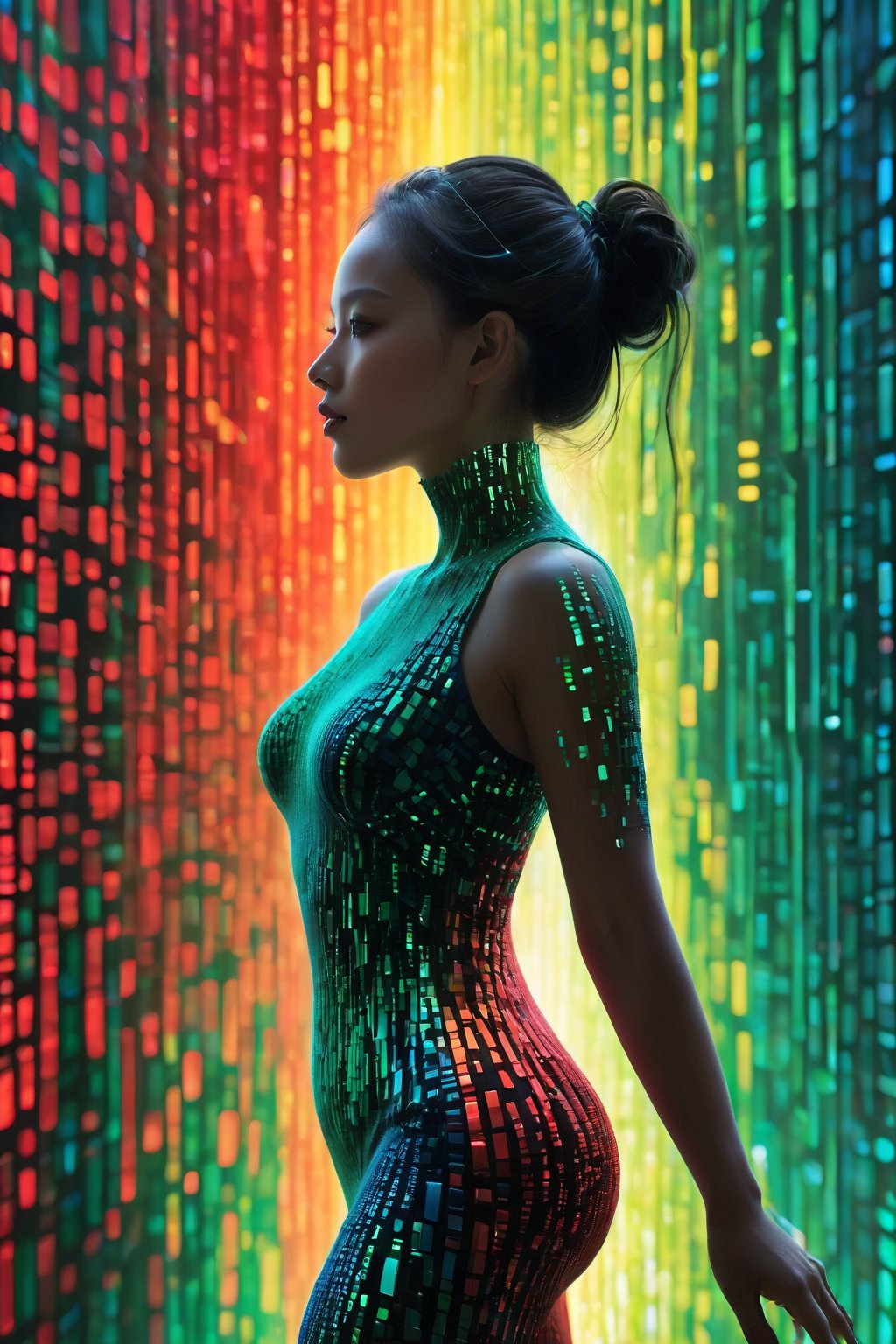 high quality, 8K Ultra HD, by FuturEvoLab, Imagine a vibrant canvas illuminated by a cascade of colorful binary code, forming the silhouette of a captivating woman, The dynamic lines and patterns, reminiscent of a digital dance, weave together to create a harmonious fusion of technology and art, The binary code, in hues ranging from electric blues to radiant reds and vivid greens, breathes life into the woman's form, Her silhouette emerges as a synthesis of the digital and the organic, a testament to the seamless integration of technology and beauty in your masterful creation, high detailed, 