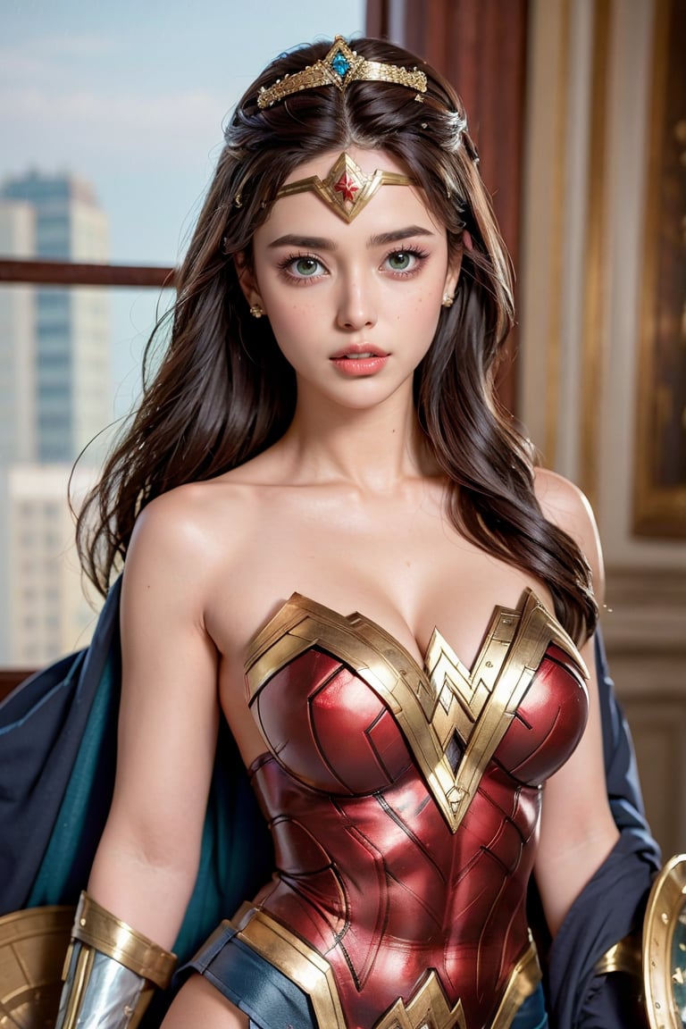 1girl, solo, wonder Woman from DC, long hair, breasts, looking at viewer, black hair, medium breasts, green eyes, upper body, parted lips, shiny, lips, wet, bodysuit, tiara, freckles, rain, circlet, realistic