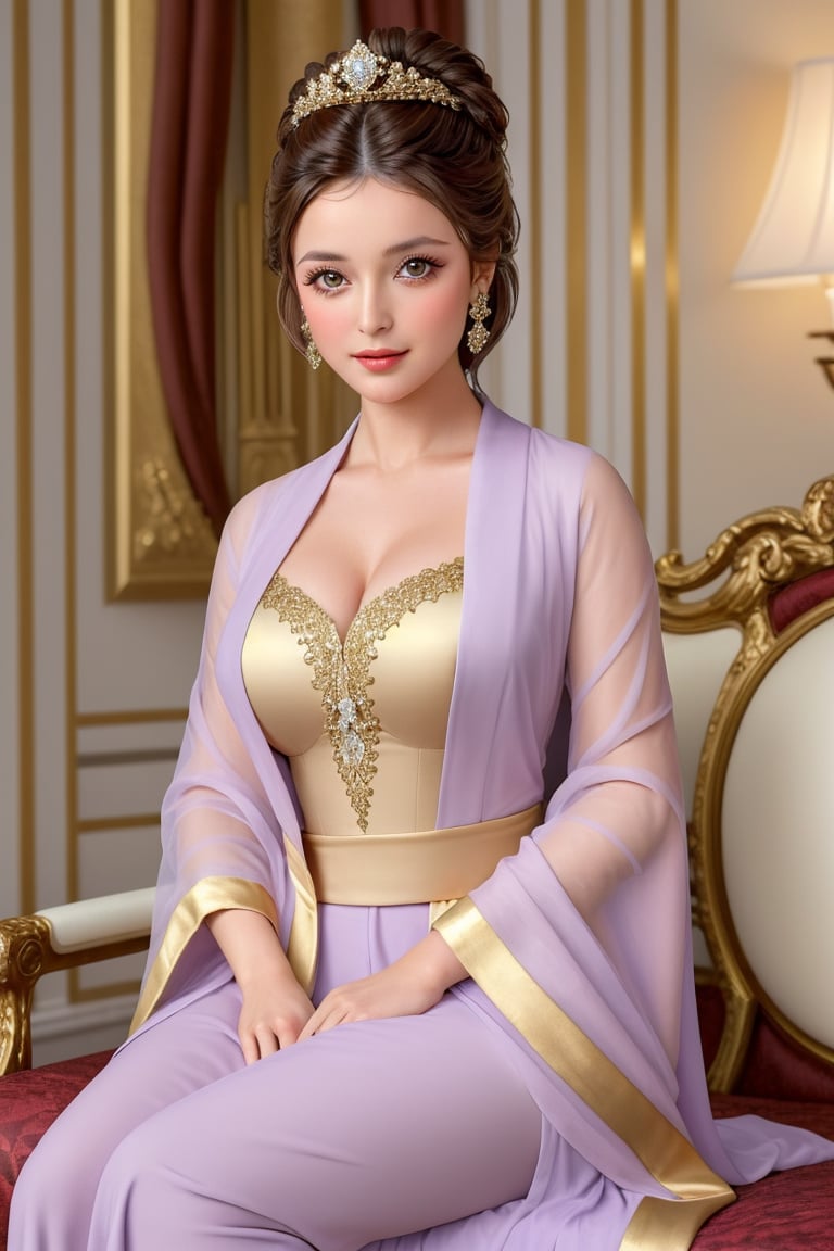 An imperial queen, a mature woman of 27, with brown hair in a bun, four golden hairpins, and a striking robe of lilac gold, sitting upright