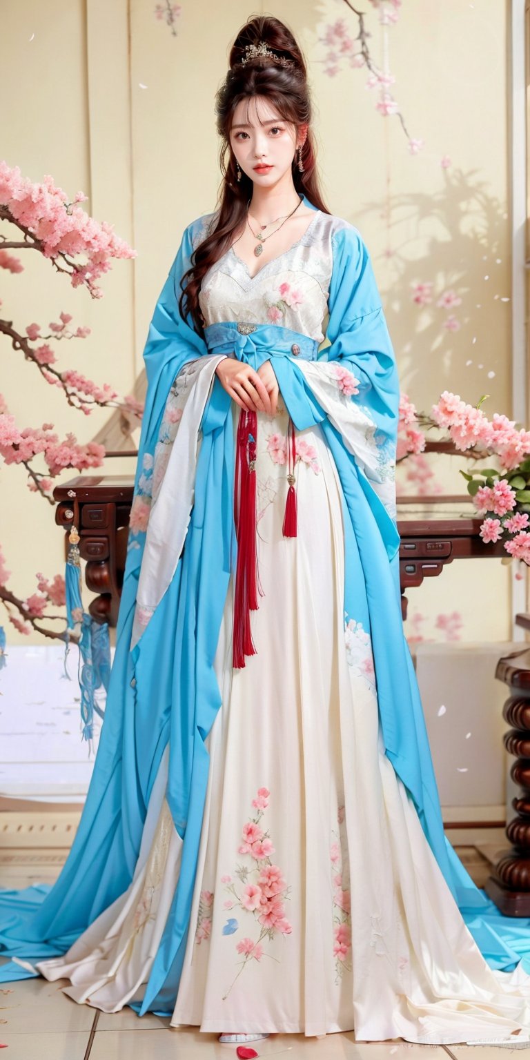 1girl, solo, long hair, black hair, hair ornament, long sleeves, dress, holding, jewelry, standing, full body, flower, earrings, hair flower, wide sleeves, necklace, tree, petals, chinese clothes, letterboxed, cherry blossoms, tassel, hand fan, folding fan, holding fan, hanfu,ancient_beautiful,perfect,hand