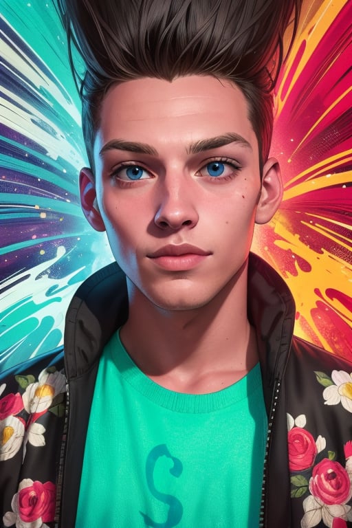 David Haller is a handsome young man, 17 years old.  He has a long black spiked hair,  blue eyes.  wearing a jacket, thigh-length jacket. wearing a print t-shirt. In the background a series of highly detailed and unreal illustrations, surreal, abstract, lucid dreams, oneiric. interactive elements, very detailed, ((Detailed face)), ((Detailed Half body)), Color Booster,  sciamano240, Legion