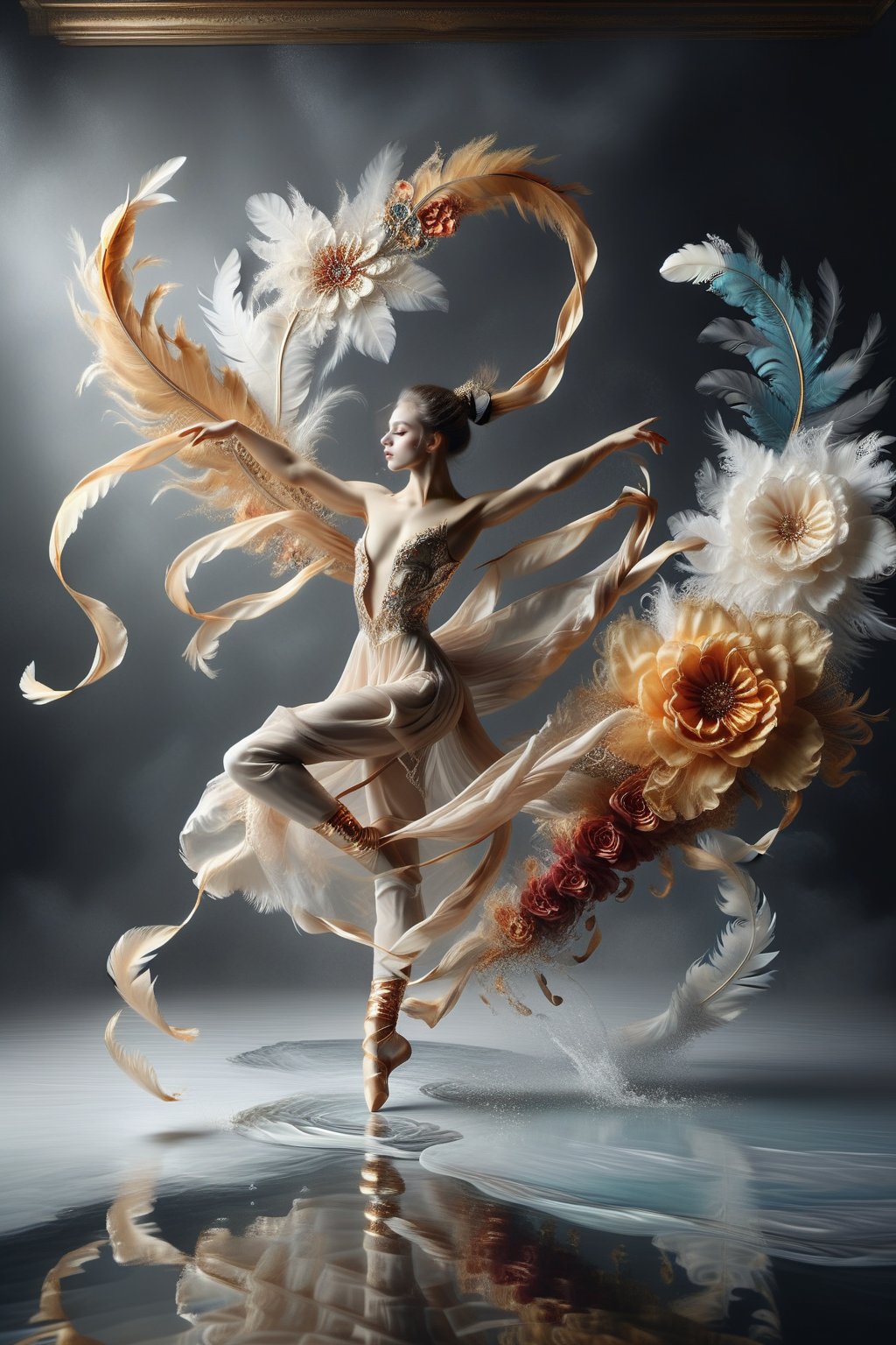  girl kick both legs into the air , with very long scarf like waves, long ballet dress like tails, long legs, a ring of flower as background , dark background , feathers , two-legs, two-hands 
water on floor and reflection of the image 
masterpieces , 16K , raw photo , 