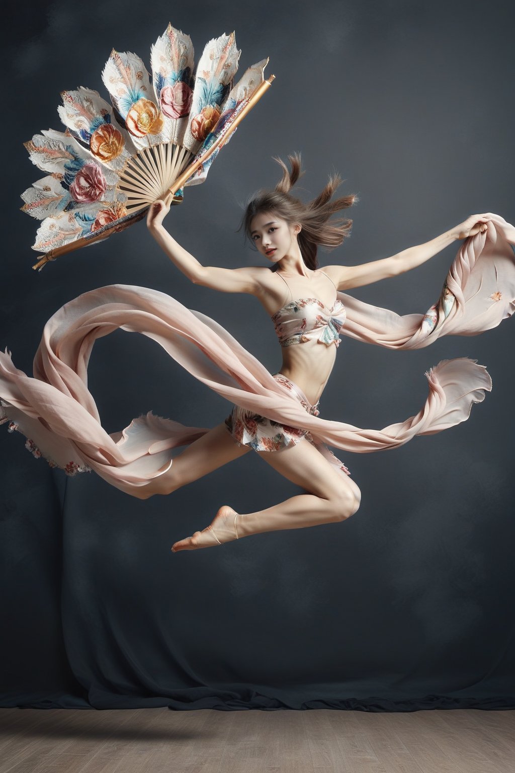 girl jumping. holding long scarf , in dance pose, long legs,  flower fan as background , dark pale  wall background 