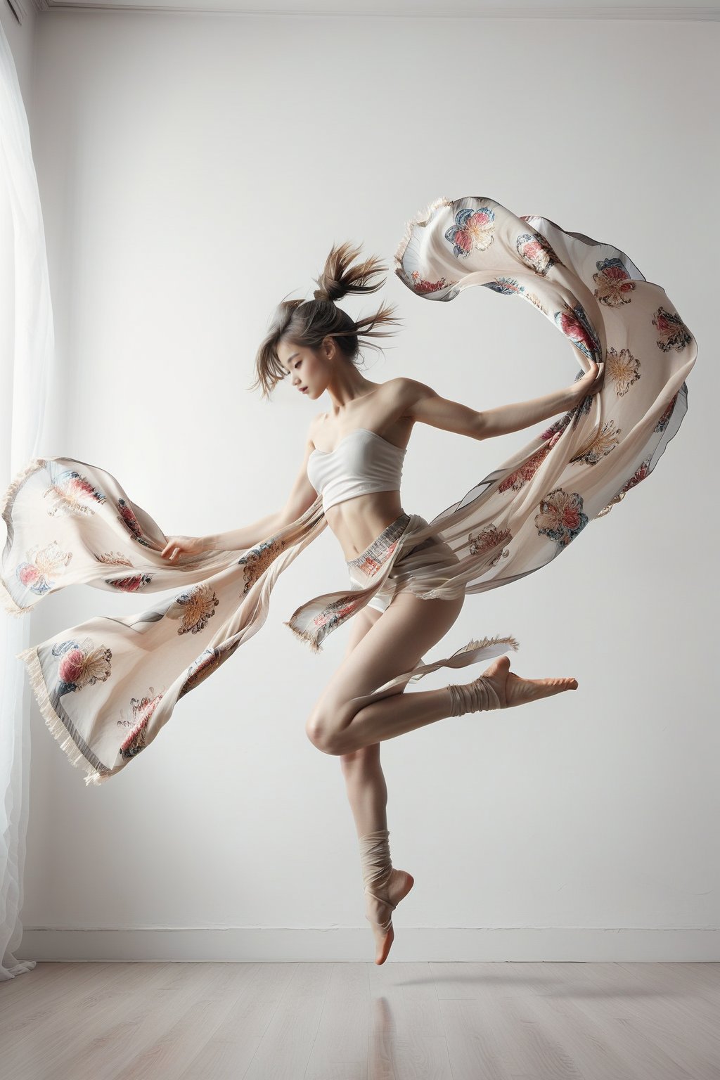 girl jumping. holding long scarf , in dance pose, long legs,  flower fan as background , white pale wall background 