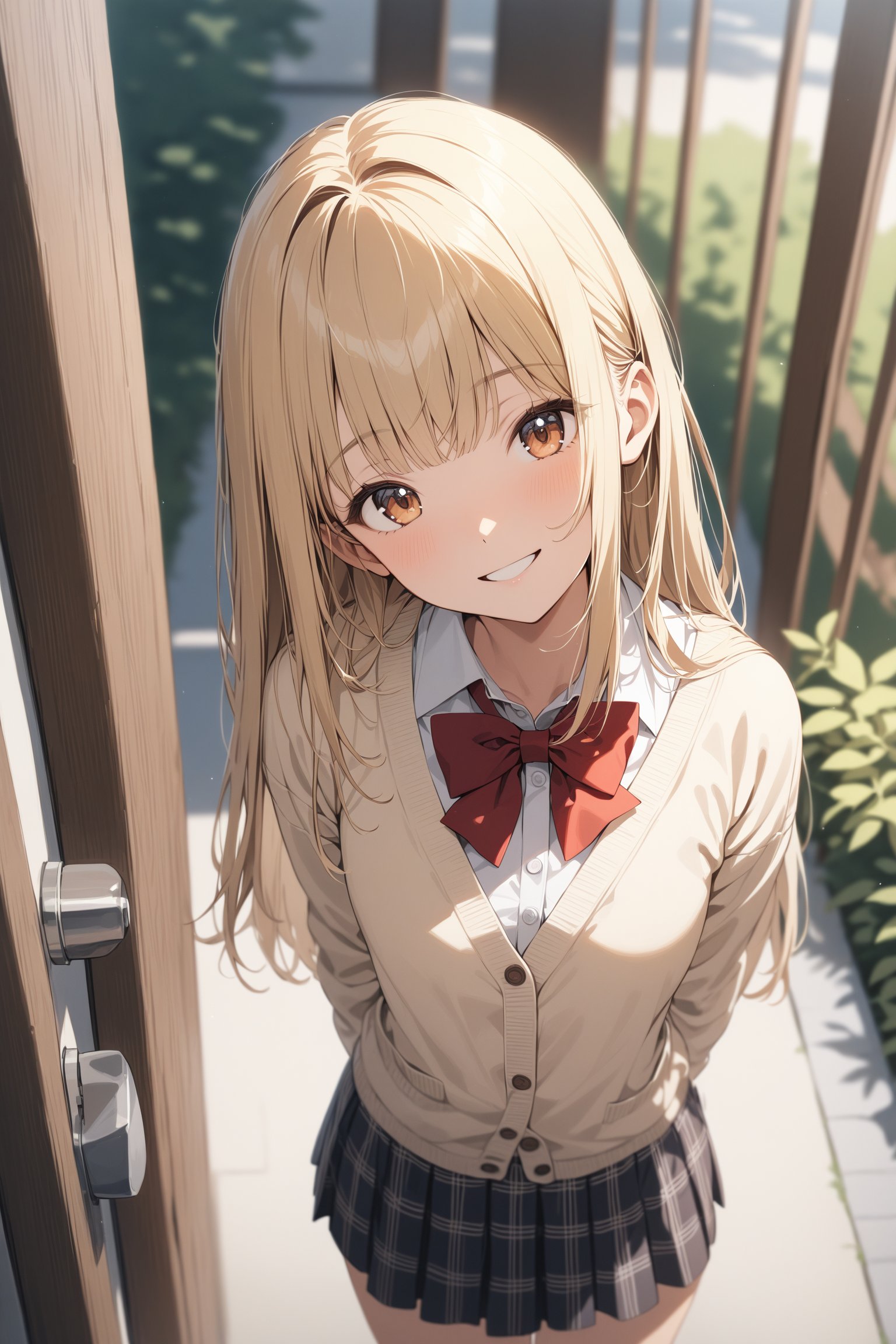 cute 1girl, blonde hair, (straight hair), bangs on one side, head tilt, (waist), light brown cardigan, plaid skirt, red bowtie, arms behind back, looking at viewer, happy smile, entrance, outdoor, from above, teenage, (depth of field), masterpiece, best quality