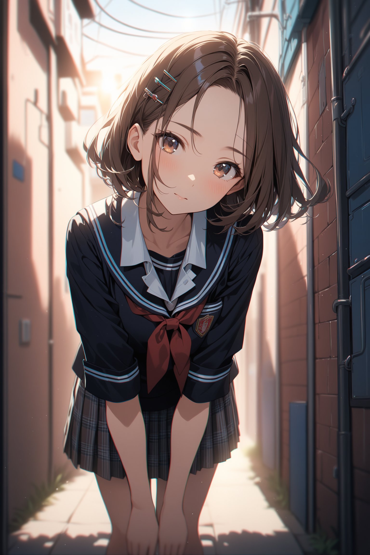 cute 1girl, brown short hair, (bare her forehead), School Uniform, hair pin, peaceful pose, head tilt, back alley, leaning forward, looking at viewer, teenage, sunset, optical flare, depth of field, (chromatic aberration:1.3), cowboy shot, wind, masterpiece, best quality,