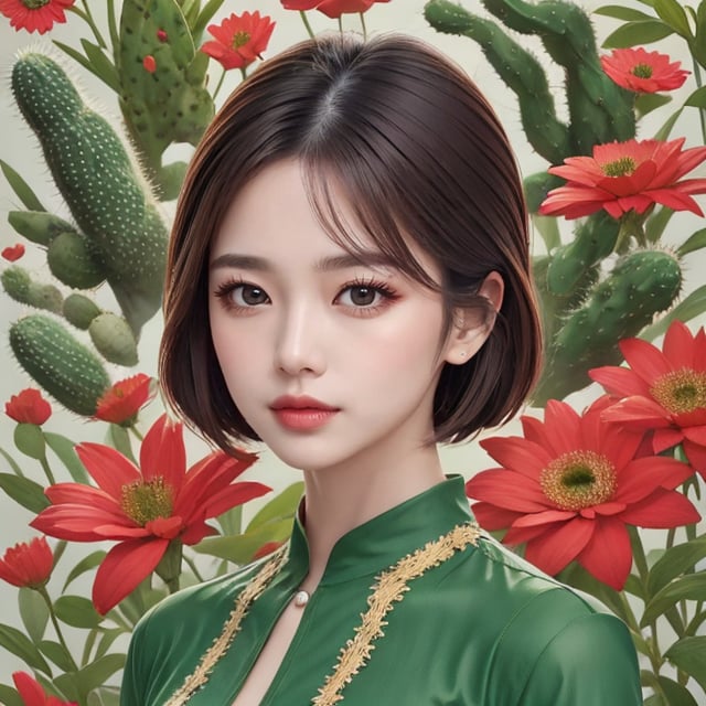 The portrait shows a woman wearing a green dress adorned with cactus-shaped patterns. She is surrounded by a collection of various cacti, some of which have bloomed with flowers. One cactus in particular has grown in the shape of her face, creating a humorous visual pun. The woman is in the center of the portrait, with her cactus collection surrounding her. The face-shaped cactus is placed next to her head, creating a visual connection between the two. The variety of cacti shapes and sizes creates a visually interesting scene, while the color palette of greens and earth tones ties everything together.,Fashionista ,NDP,Enhance,Perfect Anything