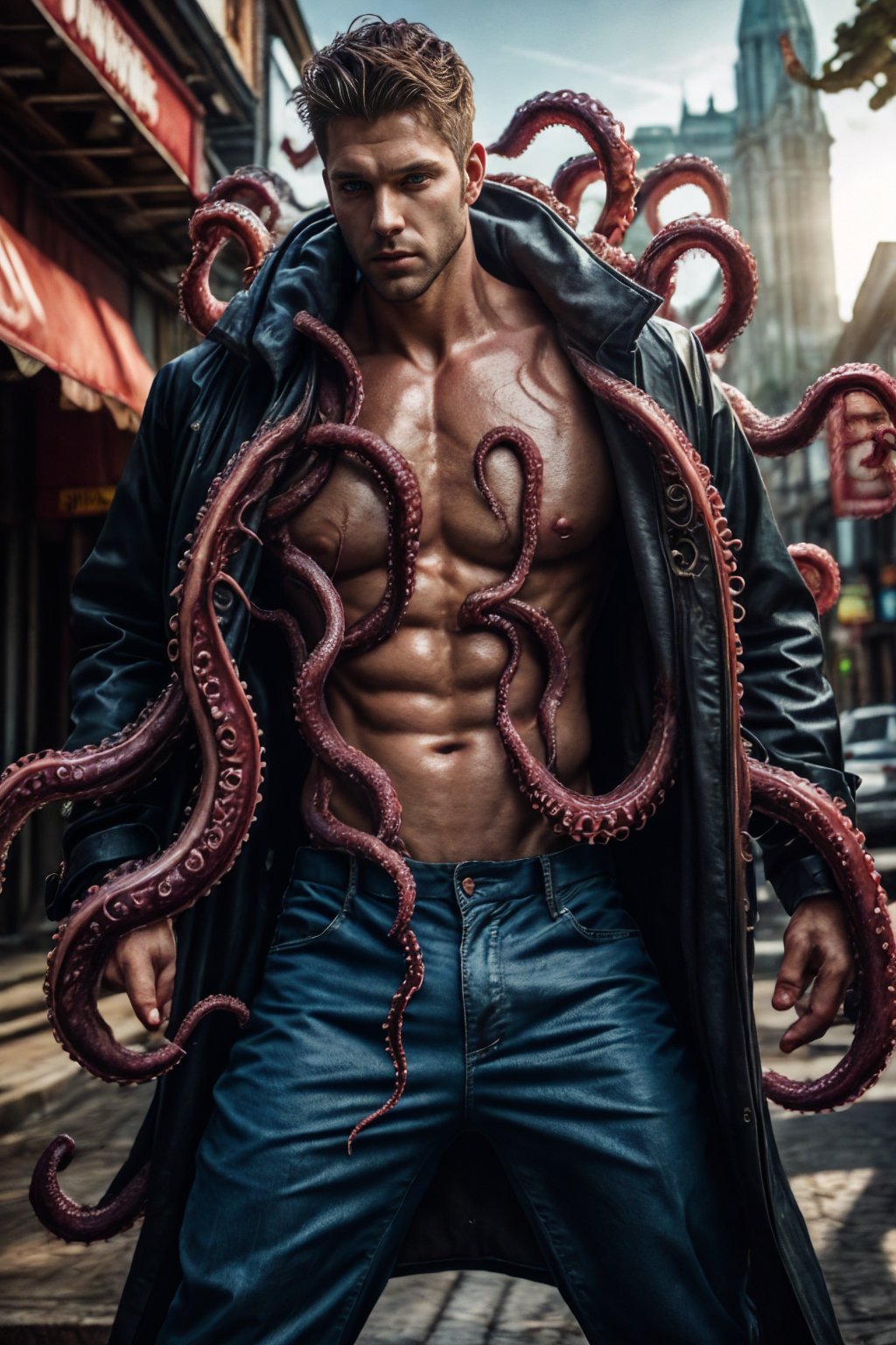 realistic, masterpiece, best quality, cinematic, dynamic lighting, soft shadow, detailed background, photography, depth of field, intricate, detailed face, subsurface scattering, realistic eyes, muscular, manly, photo of a handsome (canadian man), tentacle4rmor, wearing (tentacle) coat, surreal, pants, outdoors,