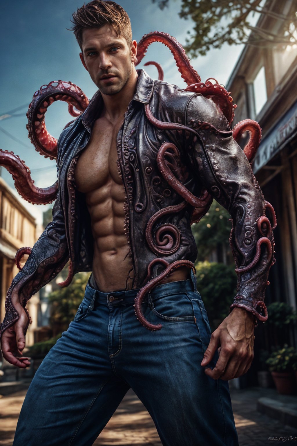 realistic, masterpiece, best quality, cinematic, dynamic lighting, soft shadow, detailed background, photography, depth of field, intricate, detailed face, subsurface scattering, realistic eyes, muscular, manly, photo of a handsome (canadian man), tentacle4rmor, wearing (tentacle) shirt, surreal, pants, outdoors, brown eyes,