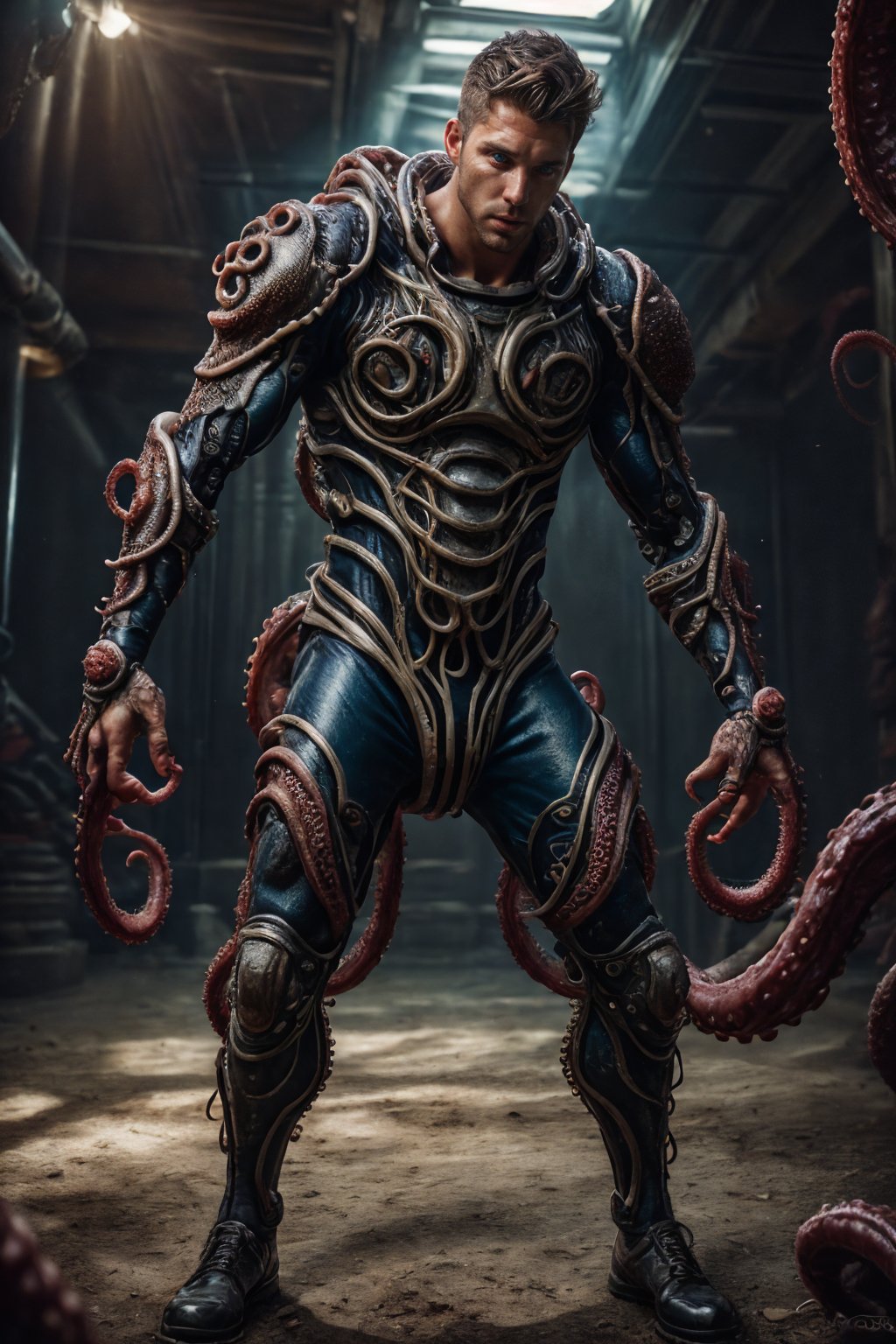realistic, masterpiece, best quality, cinematic, dynamic lighting, soft shadow, detailed background, photography, depth of field, intricate, detailed face, subsurface scattering, realistic eyes, muscular, manly, photo of a handsome (canadian man), tentacle4rmor, wearing (tentacle) exosuit, surreal,
