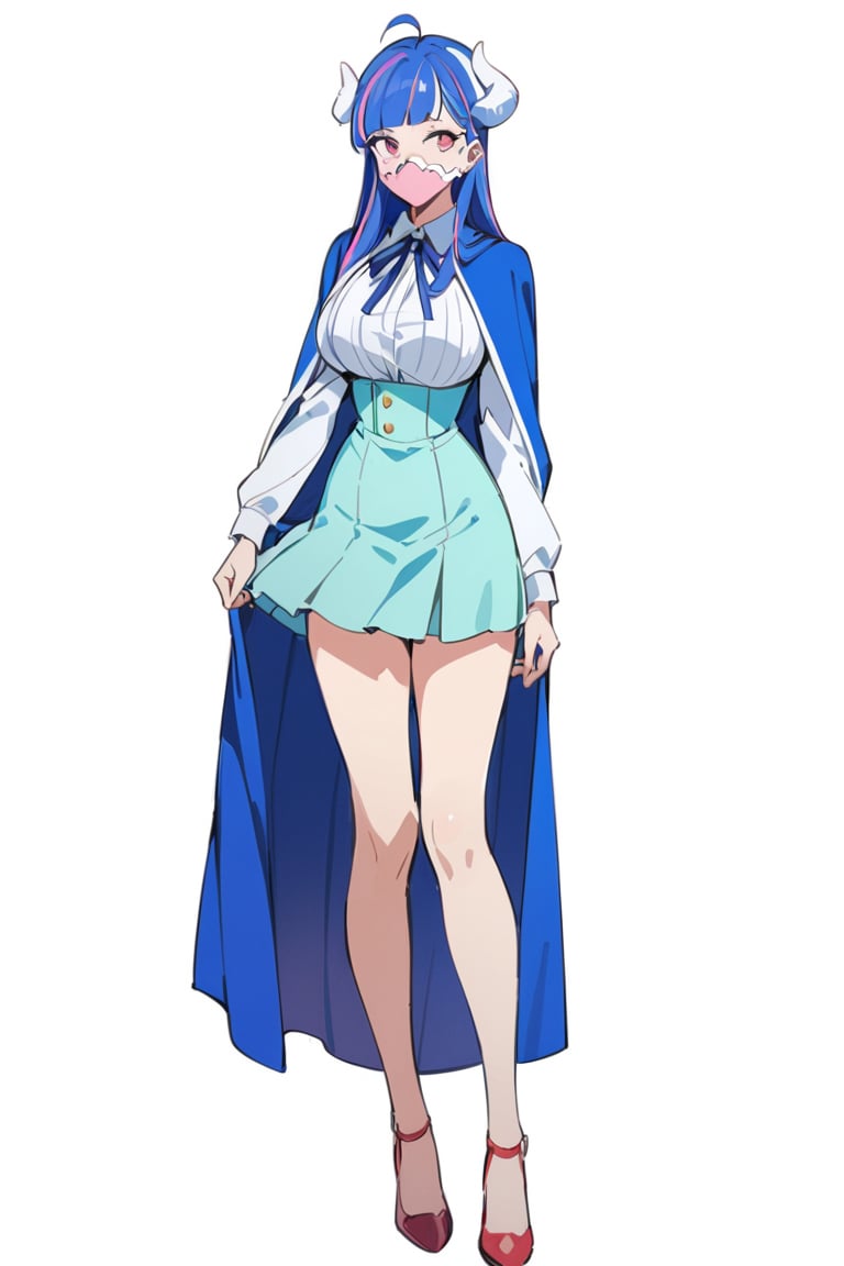Visual Anime, masterpiece, best quality, @Ulti, Ulti anime, 1girl, solo, breasts, 20 y.o, blue hair, ahoge, bangs, curled horns, two-tone hair, multicolored hair, pink mask, mouth mask, white shirt, high-waist skirt, blue ribbon, neck ribbon, blue cape, white background, fullbody, standing, bare legs, red footwear, high heels, clean background, long shoot, long sleeves, skirt, aqua skirt