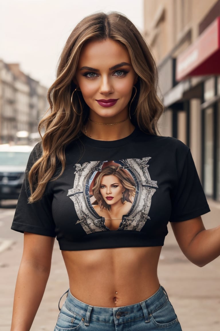 Warm lighting, beautiful woman detailed face, sad smile, dark eyes, dark blonde hair, street fashion,walking, close up, wearing a crop shirt with underboob,Masterpiece