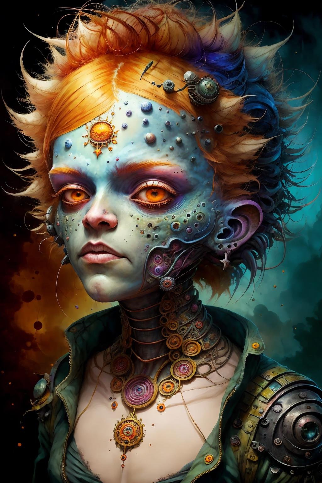 Surrealistic masterpiece, combining Alex Maleev's influence, Mandala-inspired beauty meets the brutality of chaotic war machines as a girl with orange hair navigates a realm filled with kinetic colorful fractals and swirling zentangle patterns, monsters00d  <lora:monsters00d:0.9>