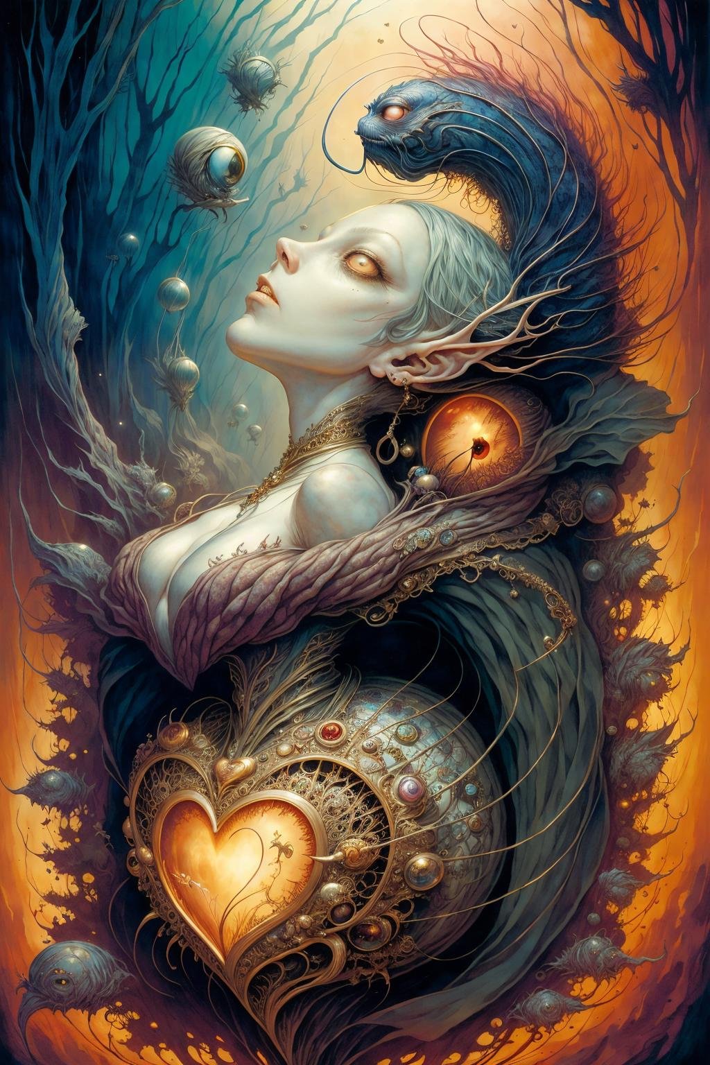 Aaron Horkey & Anne Bachelier's artistry, Poster detail, A (miniature woman:1.2), in the heart of a (dazzling light void:0.7) that showcases her delicate features and (fantastical beauty:1.4), monsters00d  <lora:monsters00d:0.7>