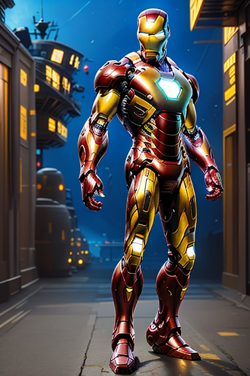 black and gold armor, Iron Man, action scene, Tokusatsu, high technology, in the background a into a night ship with neon lights, interactive elements, very detailed, ((Detailed face)), ((Detailed Half body)), Color Booster, Iron Man,Animecartoon mix