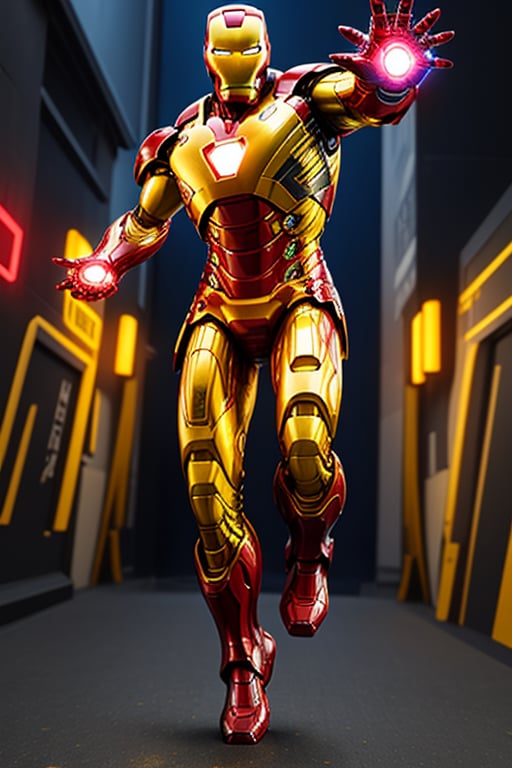 Iron man, wearing the black and golden armor,  action scene, in the background a into a night ship with neon lights, interactive elements, very detailed, ((Detailed face)), ((Detailed Half body)), Color Booster, Iron Man