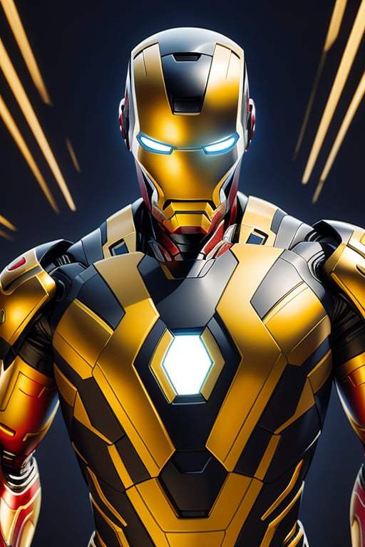 Iron Man, black and gold, tokusatsu, high technology. In the background a series of very detailed cyber illustrations, surreal, abstract. interactive elements, highly detailed, ((Detailed Face)), ((Detailed Half Body)), Color Booster, sciamano240, Iron Man