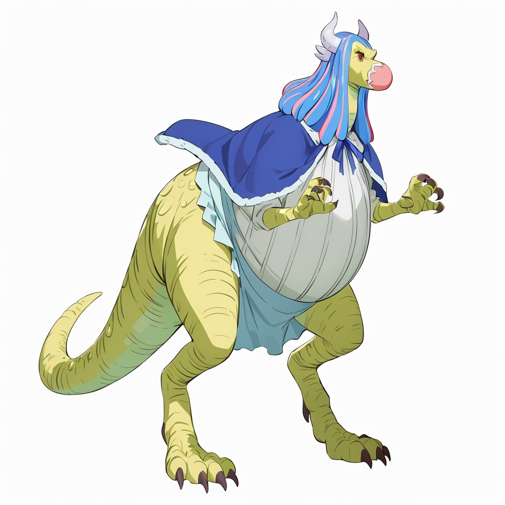 Visual Anime, masterpiece, best quality, Pachycephalosaurus, ulti turn into dino full form, solo, long hair, simple background, blue ribbon, aqua skirt, blue hair, short blue cape, standing, full body, multicolored hair, horns, claws, white background, no humans, nice render, side view, chibi