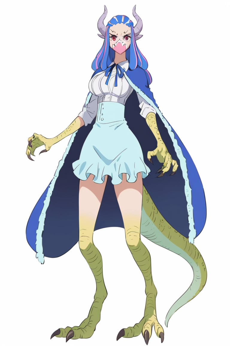 Visual Anime, Humanoid Pachycephalosaurus, ulti turn into dino half form, 1girl, solo, breasts, 20 y.o, blue hair, curled horns, two-tone hair, multicolored hair, pink mouth mask, white shirt, aqua high-waist skirt, blue neck ribbon, blue cape, white background, fullbody, standing, tail, moster girl, claws, scales, dragon girl, clean background, long shoot,