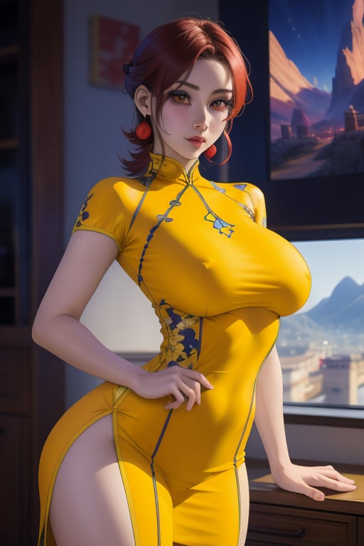 Karin Son is a beautiful young woman, 19 years old.  bbw. She has a short red-wine hair color, color eyes.  wearing a tight yellow fantasy  chinese dress with miniskirtt. Tomboy Style. big breats, large breasts, wide hips, pronounced hips, big ass, round ass. In the background a detailed landscapes. interactive elements, very detailed, ((Detailed face)), ((Detailed Half body)), Color Booster,  sciamano240, Karin Son,nodf_lora