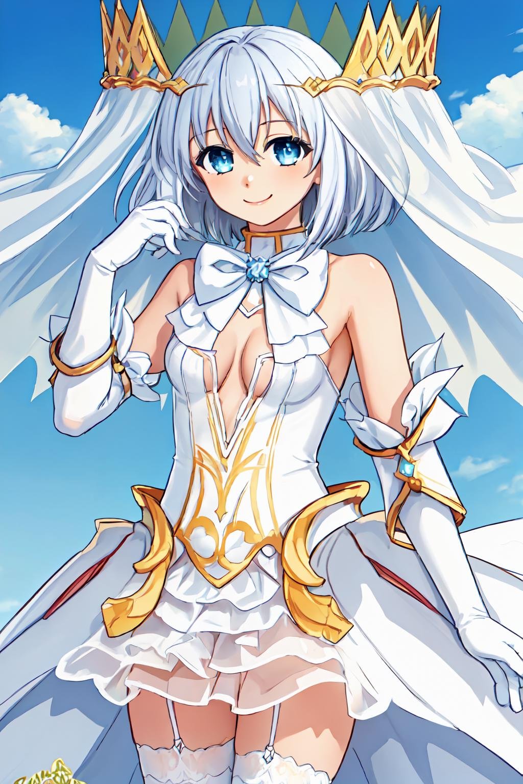 masterpiece, best quality, 1girl, <lora:tobiichi_origami_angel-000002:0.8>, tobiichi origami angel, blue eyes, solo, standing, crown, white hair, short hair, bangs, hair between eyes, white veil, looking at viewer, smile, bare shoulders, cleavage, small breasts, detached sleeves, elbow gloves, white bow, white bowtie, (white dress:1.2), white gloves, cowboy shot, white thighhighs, center opening,